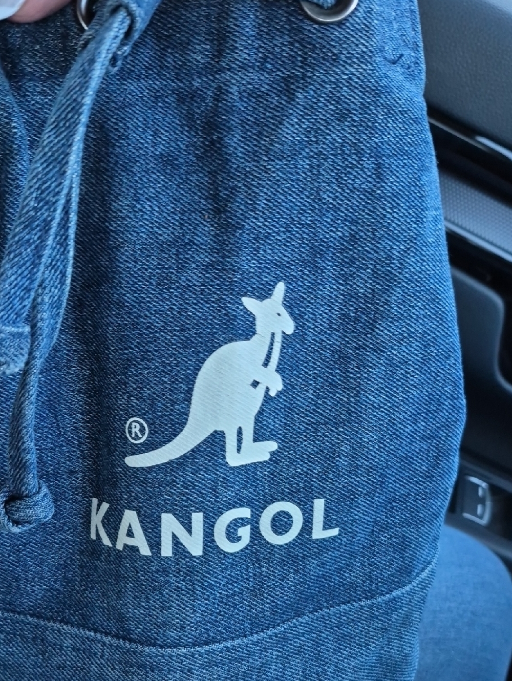 Kangol Blue Denim Drawstring Bag with White Logo